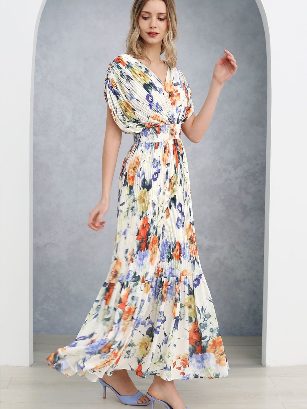Chicwish Ivory Floral Pleated Maxi Dress with Multicolor Blooms